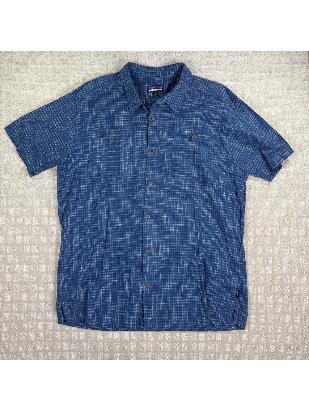 Patagonia Hemp Short Sleeve Button Up Shirt Blue XL